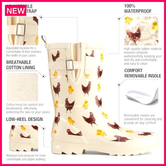 Women's Rubber Rain Boots Mid-Calf Waterproof Anti-Slip Garden Chelsea - Picture 4 of 7